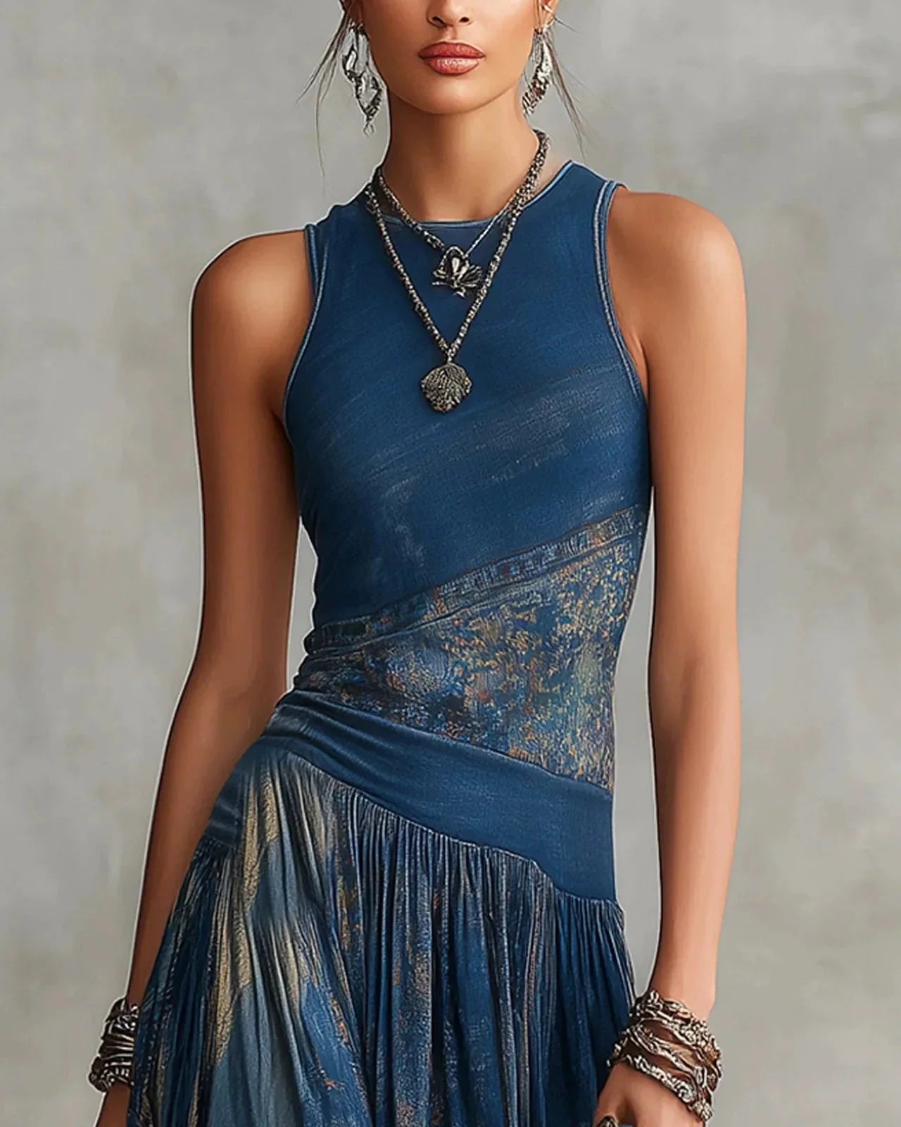 SILVIA - BOHO LONG DRESS WITH AZTEC PRINT AND FLARED SKIRT